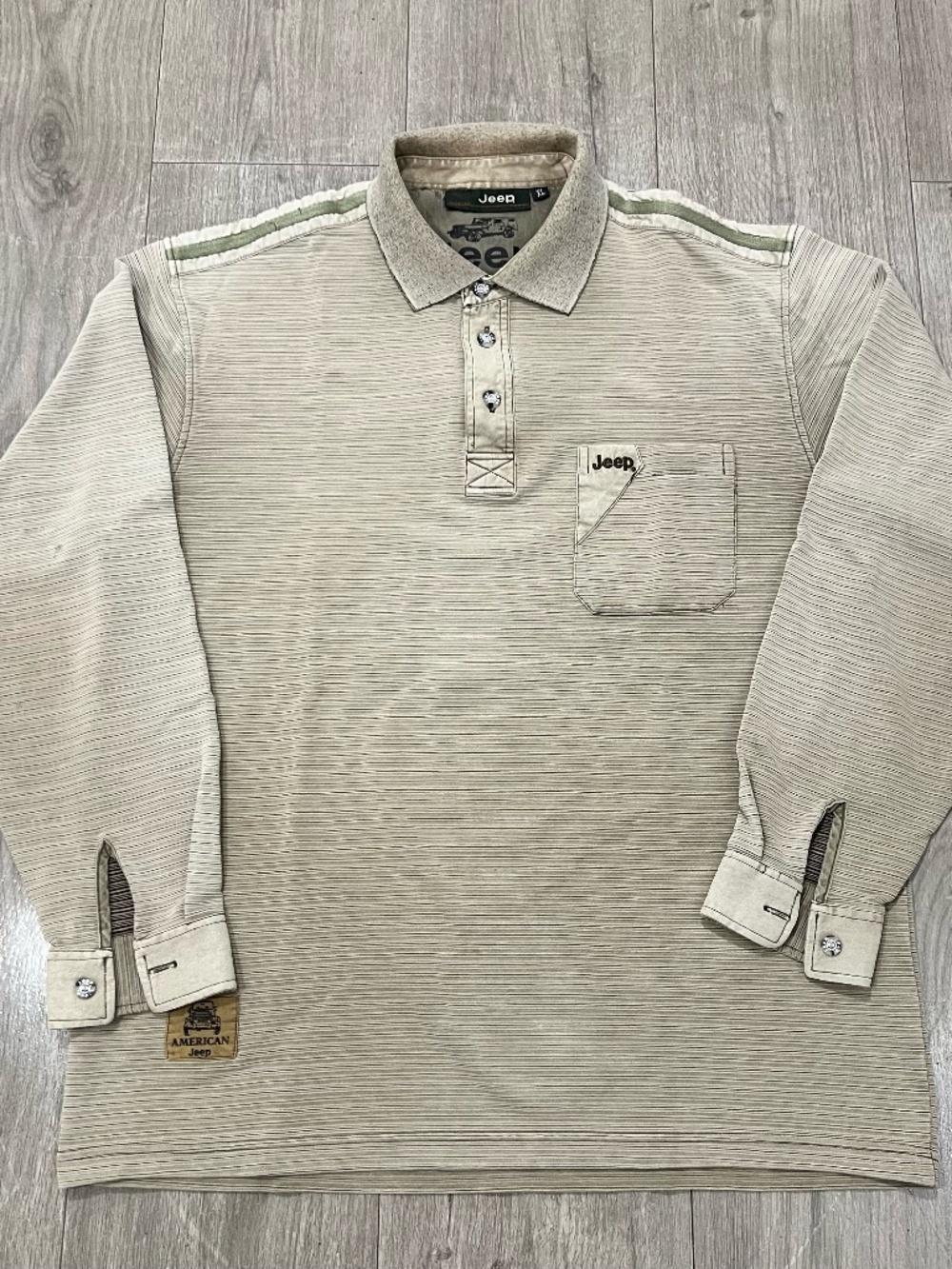 Jeep Long Sleeve Polo Shirt Mens XL Beige Striped Logo Casual Outdoor